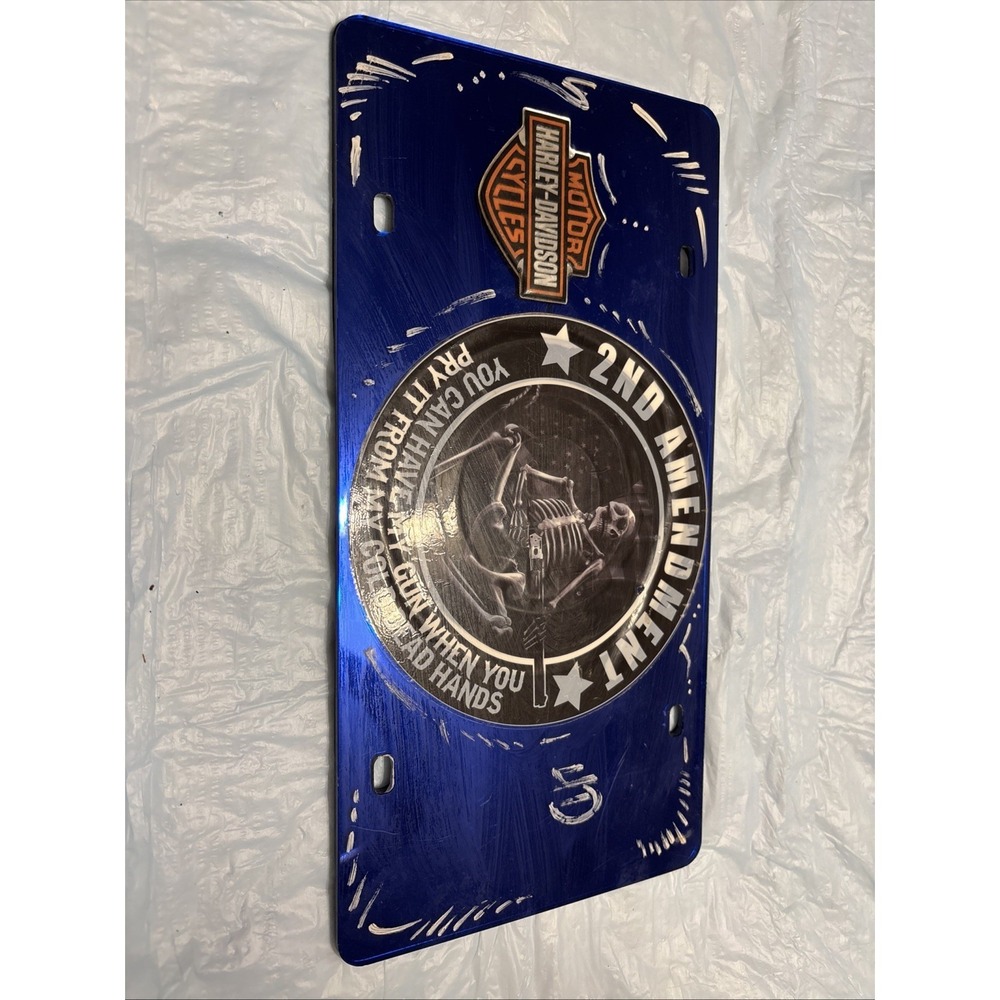 Harley Davidson 2nd Amendment Blue License Plate Gun Skeleton Rico